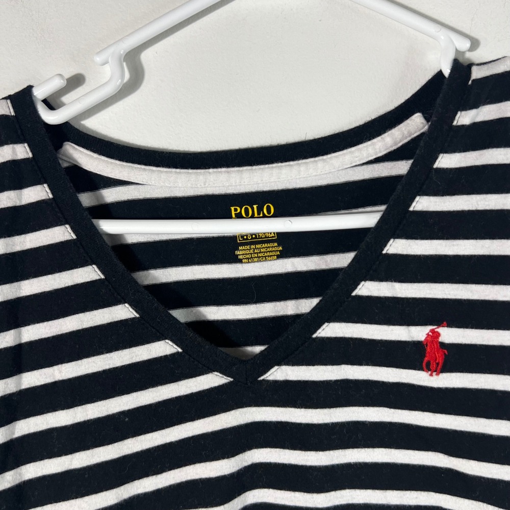 Womens Polo Ralph Lauren V Neck Breton Stripe Tee Shirt Black White L Cotton - Picture 3 of 7